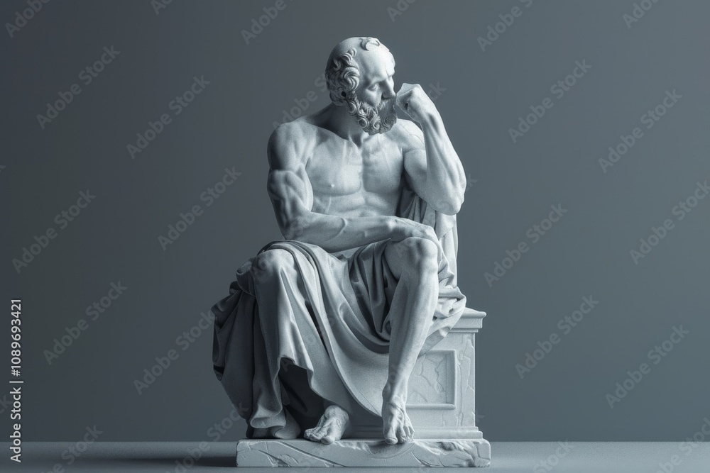 Poster ancient philosopher sculpture in contemplative pose displayed in a minimalist art gallery environmen