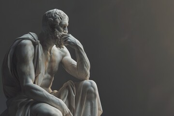A contemplative marble sculpture of a philosopher seated thoughtfully, illustrating deep reflection in a dimly lit art gallery