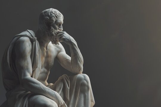 A contemplative marble sculpture of a philosopher seated thoughtfully, illustrating deep reflection in a dimly lit art gallery
