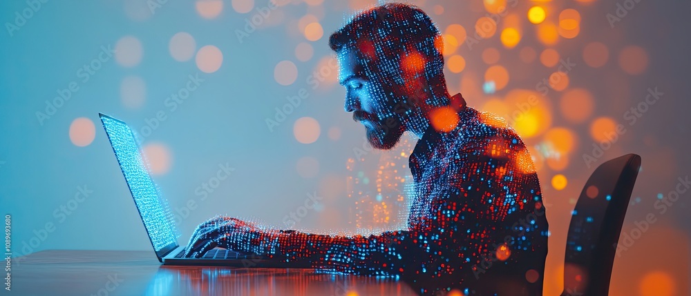Aufkleber man working on laptop with digital data overlay.