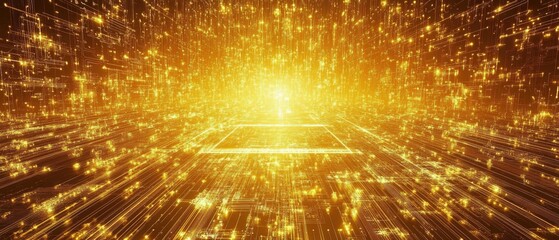 Fototapeta premium Golden light streaks converge on a central glowing square.