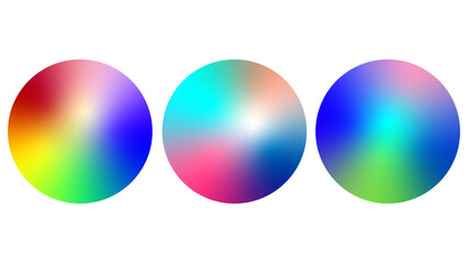 Circle shape holographic gradients mesh set. colorful soft round buttons with vivid color spheres set. Multicolor fluid circle gradients