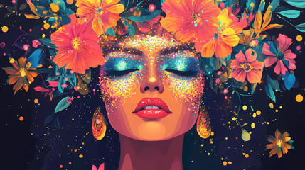 This woman is a shining example of festival vibes with her glittery face art and colorful flower crown. Bohemian Festival Vibes. Illustration