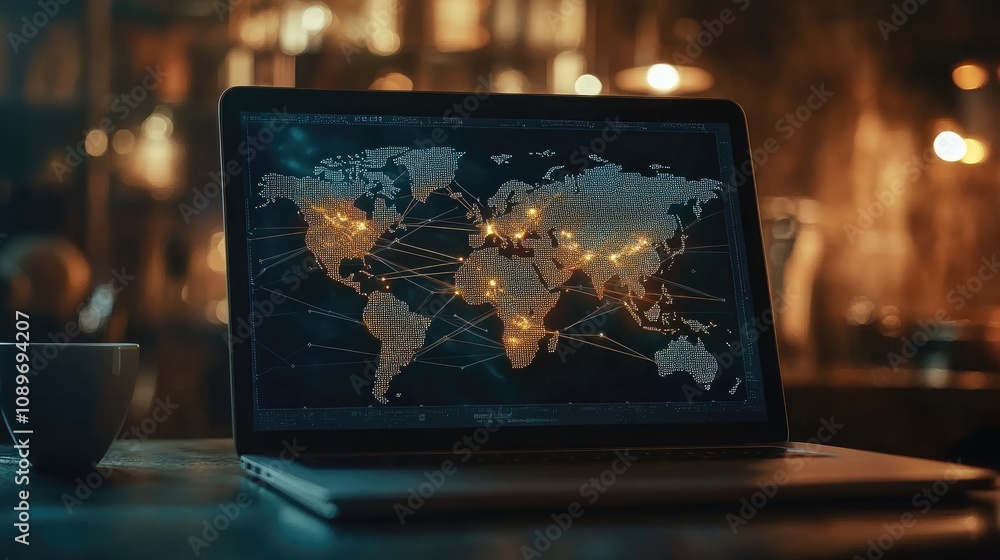 Poster global network map displayed on laptop screen in a dimly lit bar.