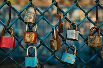 Colorful collection of padlocks attached to a rusty blue fence at a public park in the afternoon sunlight showcasing urban artistry
