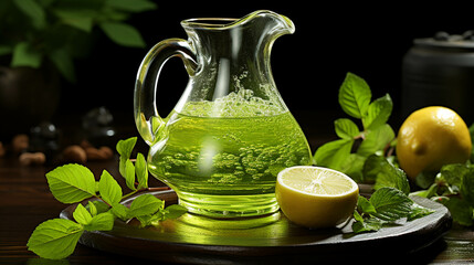 A glass pitcher filled with liquid green background