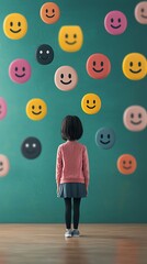 A lonely child in a vibrant classroom, surrounded by floating emojis, depicting the isolation from cyberbullying in a learning environment