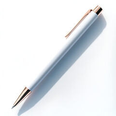 a white click pen, with a light rose gold tip, on a white background with natural light and shadow HD realistic