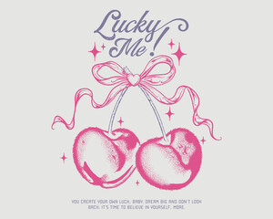 Lucky me cherry Girls graphics for fruit design, cherry bow with slogan typography, fashion graphic prints for cherries fruit cute t-shirt pattern, vintage food fashion slogan print for t-shirt