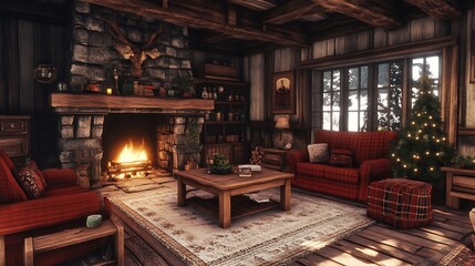 Obraz premium Cozy Christmas cabin living room with fireplace, decorated for holidays.