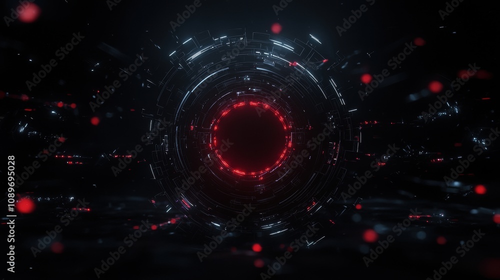 Poster a black and red image of a glowing circle with a red dot in the center