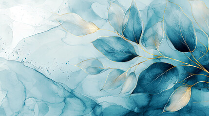 Naklejka premium Watercolor leaf design with gold outlines in a soft blue color palette