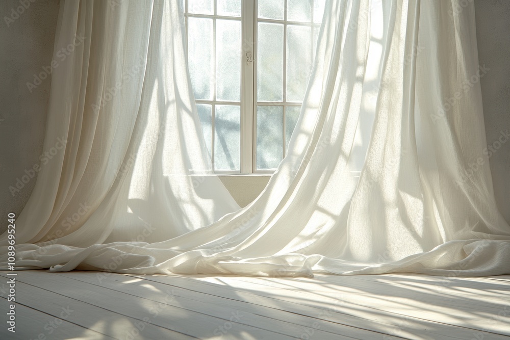 Poster window dcor inspiration, light curtains softly swaying in the breeze from an open window, creating d
