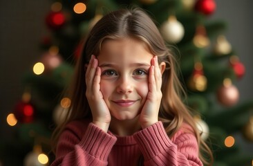  A young girl with a thoughtful and dreamy expression, gently holding her face with both hands, sitting in front of a decorated Christmas tree glowing with festive lights.