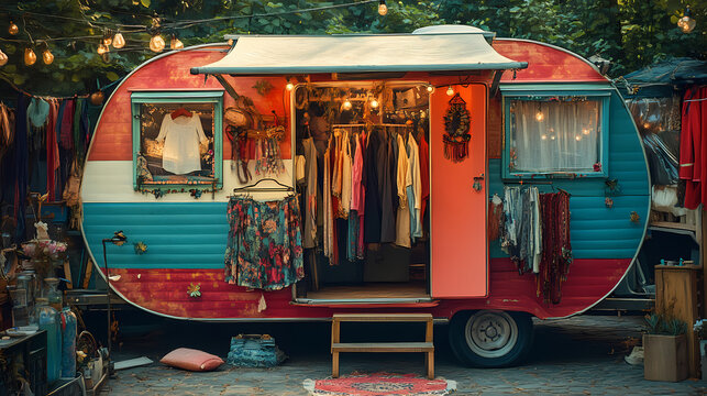 Colorful vintage caravan displaying various clothes, offering a bohemian vibe and artistic fashion showcase in an eclectic setting. Bohemian Festival Vibes. Illustration