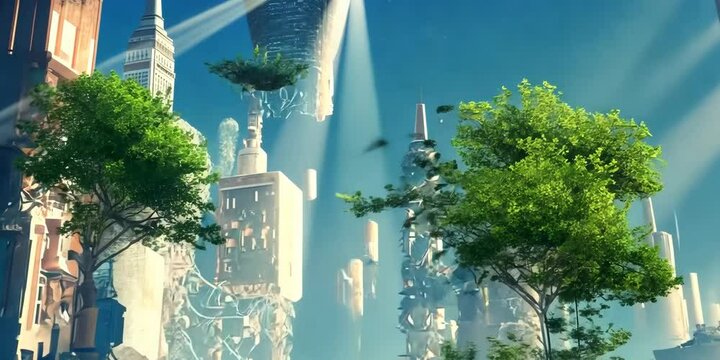 Technological utopia with digital trees and artificial sunlight, 4K Video