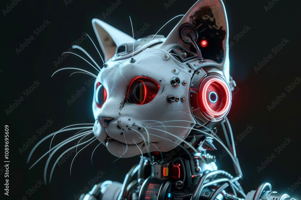 Poster a futuristic robotic cat with glowing eyes and high-tech features stands in a dark environment, show