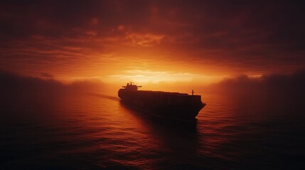 Fototapeta premium Container ship sailing at sunset, dramatic sky.