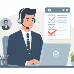 Flat illustration of operator of call center agent or customer service working in headphone and mic sitting at desk with laptop computer checklist and checkmark on a white background