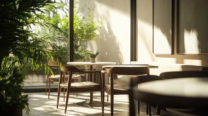 Fototapeta premium Sunlit cafe interior with plants and wooden chairs.