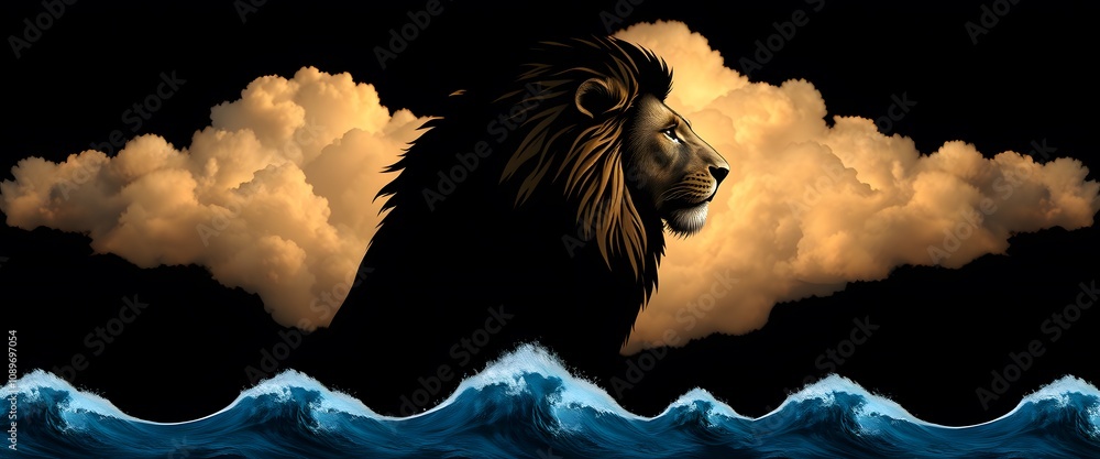 Aufkleber stunning profile of a lion characteristically merging with clouds above and ocean waves below agains