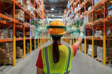 A warehouse worker wearing a safety helmet engages with augmented reality technology while organizing inventory in a busy storage facility