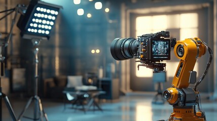 Robotic arm operates cinema camera in studio.