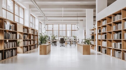 Modern minimalist office with large windows, wooden bookshelves, and desks.