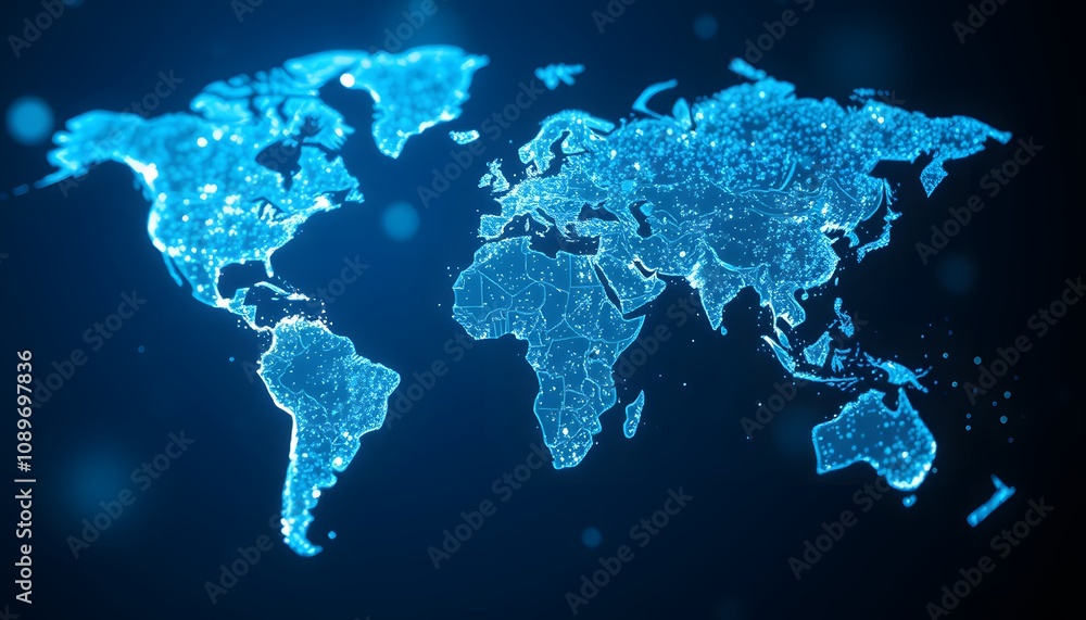 Poster A Stunning Visualization of a Vigorous World Map Dissolving into Particles with Glowing Effects for Creative Projects and Presentations