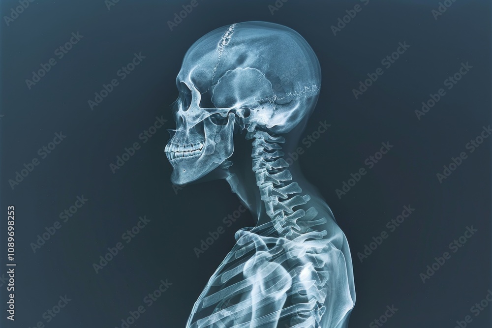 Poster a detailed x-ray showing a human skull and spine in profile view, emphasizing skeletal structure and