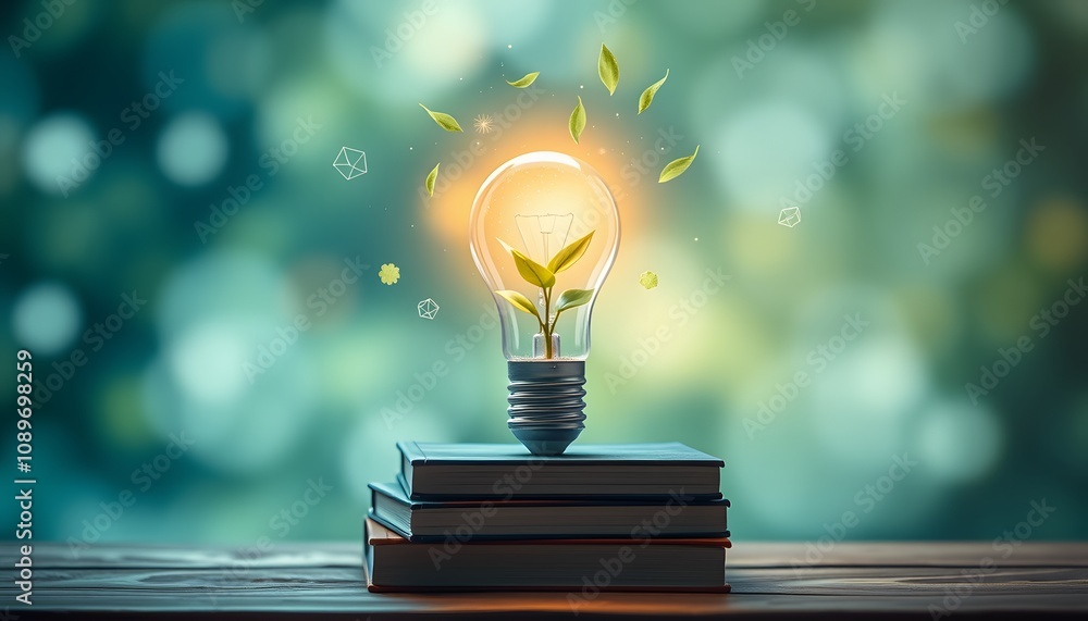 Poster surreal scene of a glowing light bulb with a green plant inside, representing the fusion of nature a