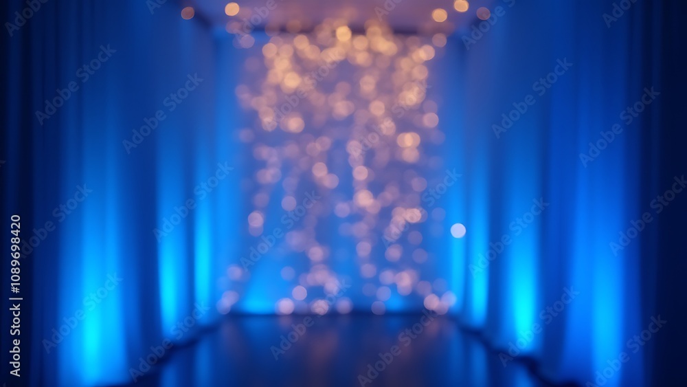 Aufkleber Blue curtains with golden bokeh lights create a blurred background for elegant and magical atmospheres at special events or corporate branding.