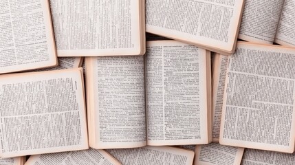 Overhead view of many open books, pages filled with text.
