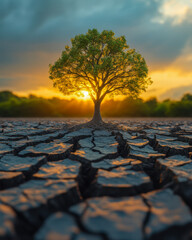 Lone tree on cracked soil at sunset symbolizing hope and resilience