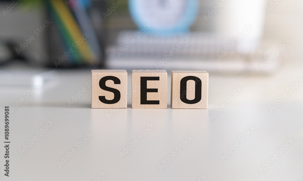 Aufkleber the word seo (search engine optimization) written on wooden blocks with computer keyboard background