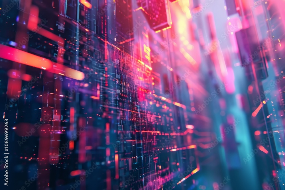 Poster vibrant digital landscape showcasing abstract data streams and illuminated structures in a futuristi