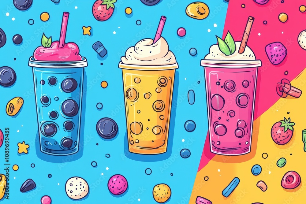 Poster bubble tea pattern, colorful doodle art featuring bubble tea drinks and abstract shapes, creating a 