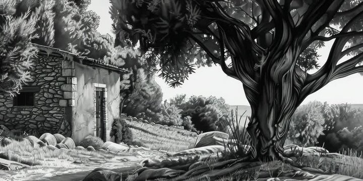Engraving of a cottage and olive grove on a white canvas, 4K Video
