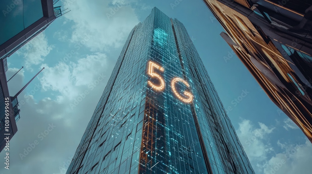 Poster 5g network displayed on a skyscraper.