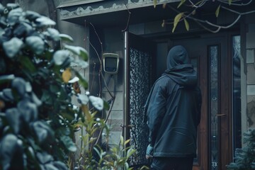 A person in a dark hoodie stands at the entrance of a house surrounded by plants on a cloudy day