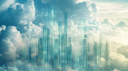 Fototapeta premium Futuristic city skyline emerging from clouds.