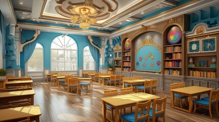 Obraz premium Vibrant and inspiring children kindergarten library space designed for learning and creativity, featuring colorful furniture, bookshelves, and educational resources