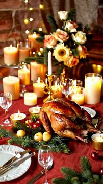 Elegant holiday table setting with a smiling woman decorating a roasted turkey surrounded by glowing candles, festive ornaments, and seasonal floral arrangements