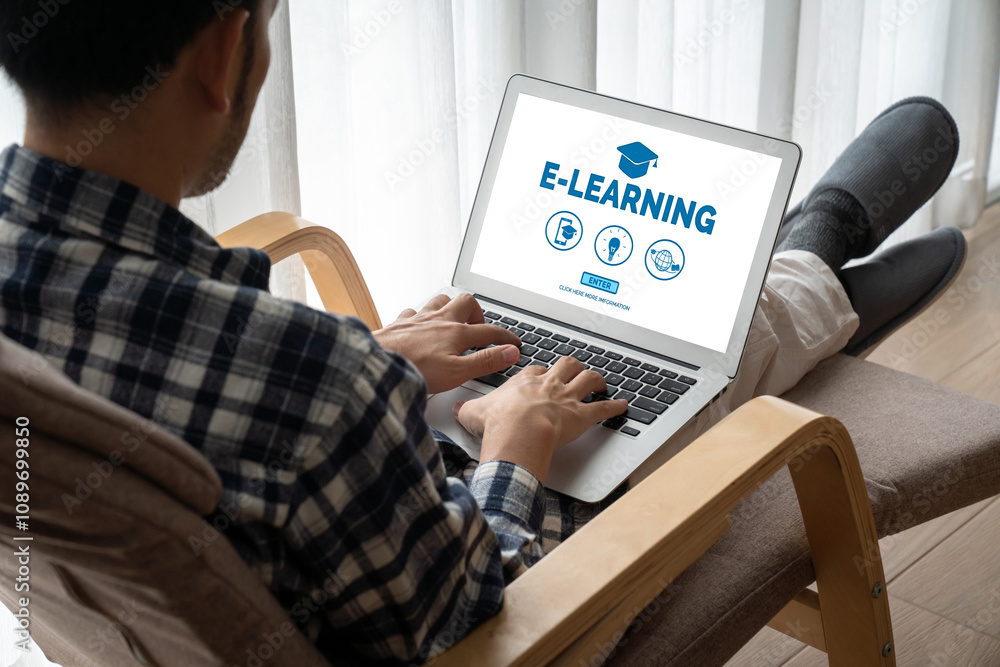 Poster e-learning website with modish sofware for student to study online on the internet network