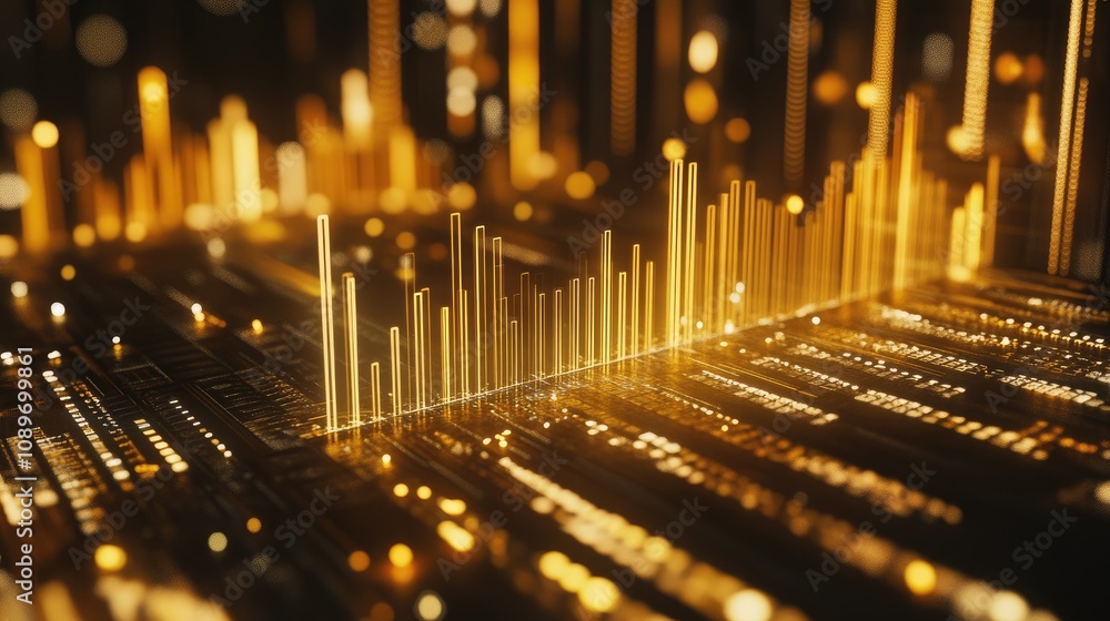 Poster abstract visualization of golden data streams representing digital waves, information flows, and vib