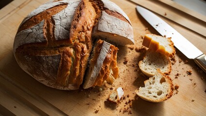 Rustic Loaf of Bread on Wooden Cutting Board