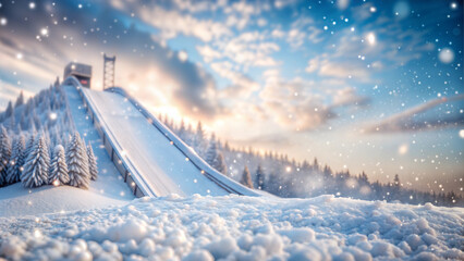 Illuminated ski jump ramp in snowy winter landscape with sparkling sky and pine trees at dusk