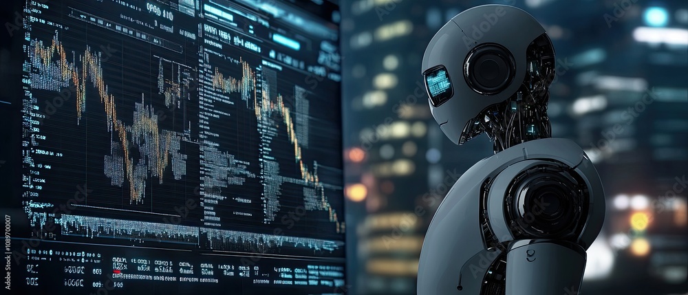 Poster ai robot analyzing stock market data on a large screen at night.