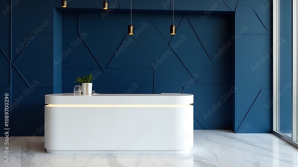 Poster modern design features a glossy white countertop against navy blue walls with geometric patterns, pe