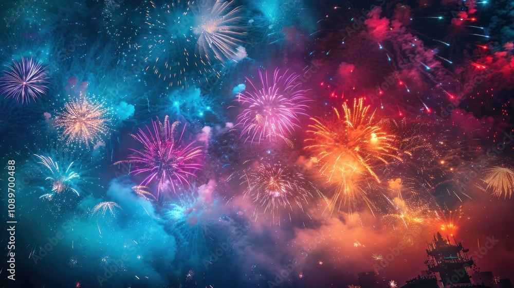 Poster a vibrant display of fireworks explodes in the night sky, creating a dazzling spectacle of light and